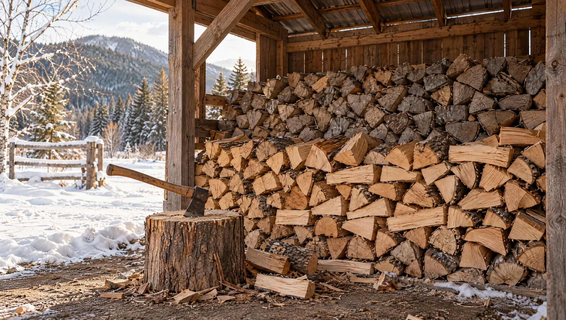 A woodshed stacked with seasoned grey firewood at the back and freshly split wood at the front, an axe in a chopping round, snow outside