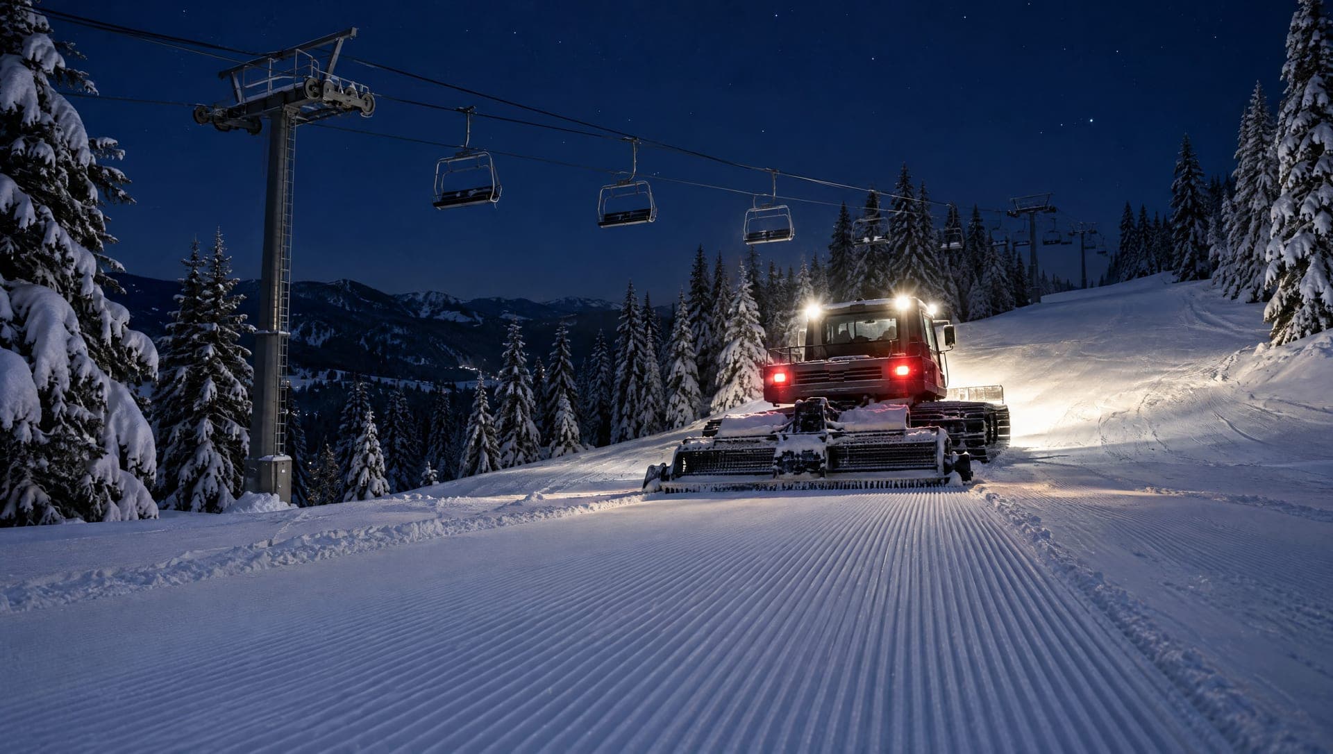 A snow groomer working a ski run under an empty chairlift at night on a Rossland mountain