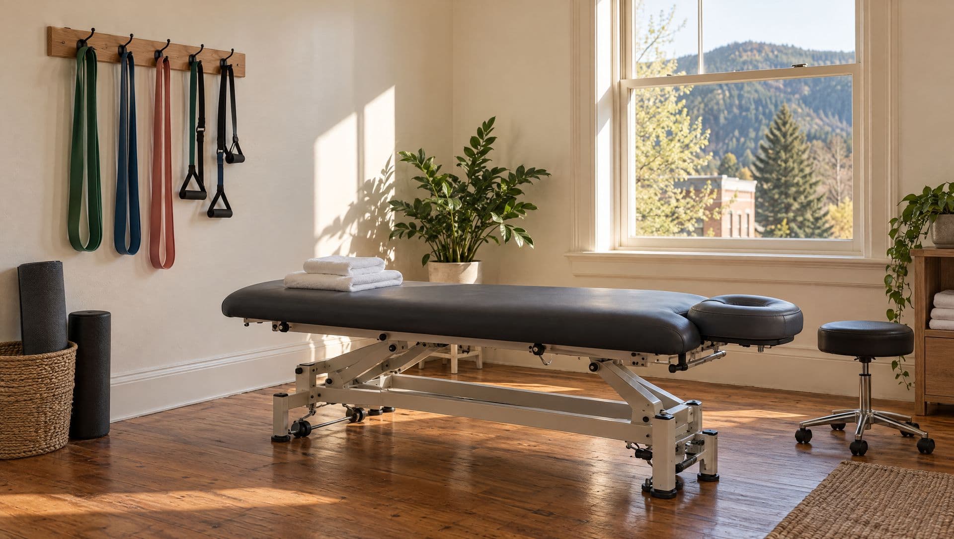 A calm physiotherapy room with a treatment table, folded towels and resistance bands on wall hooks