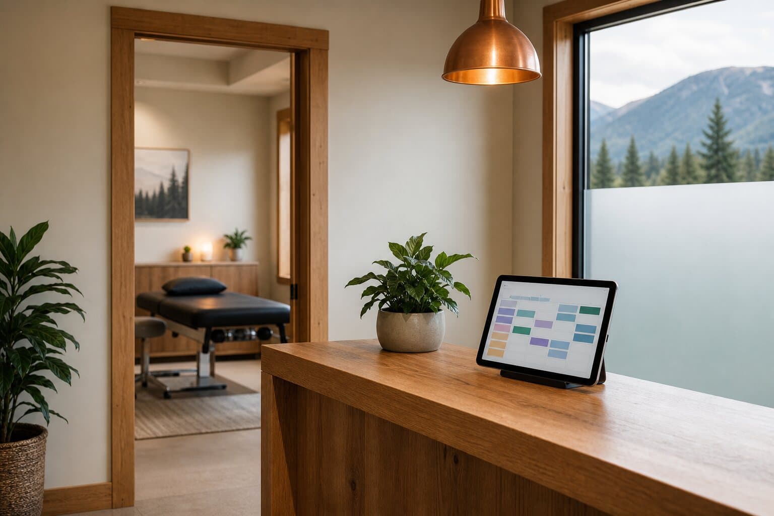 A calm wellness clinic reception, representing a clinic that uses Jane App for booking and a custom website for trust and new patients