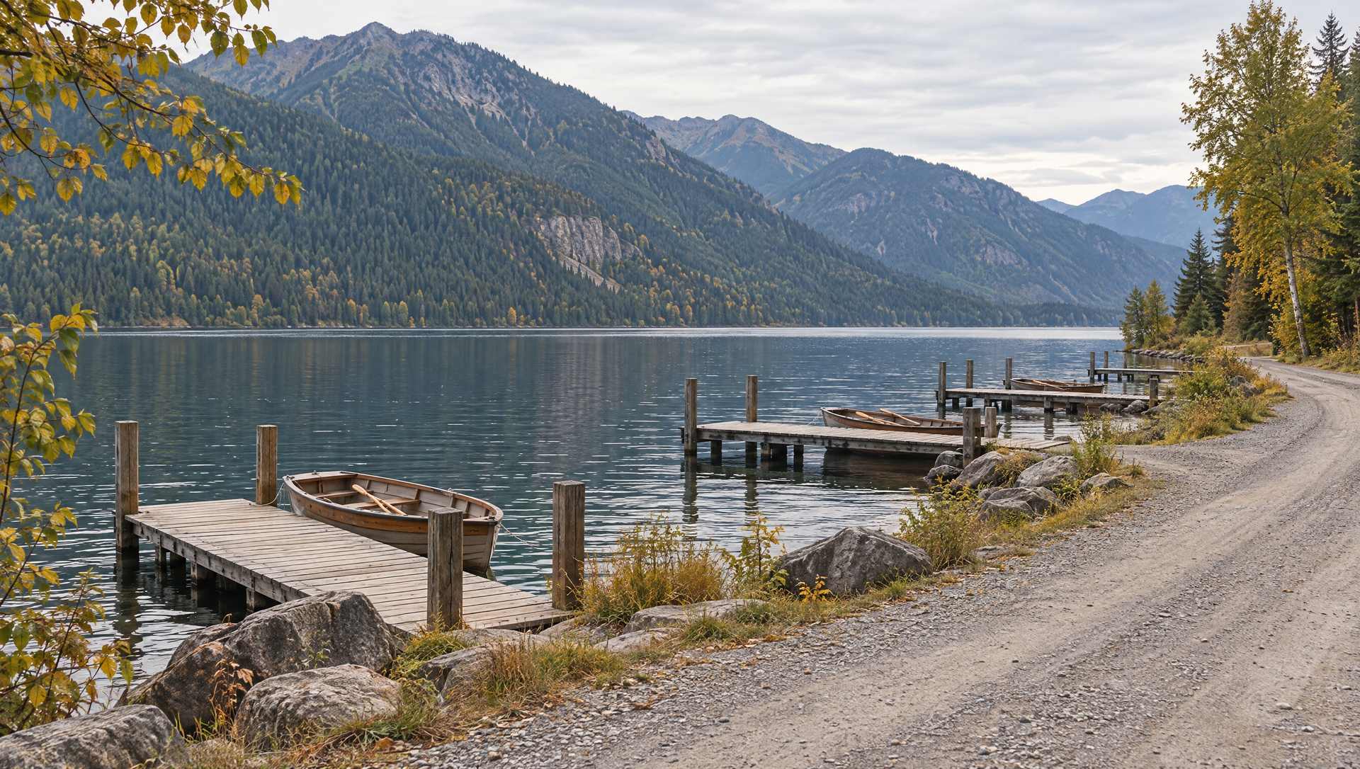 Several small wooden docks along one stretch of lakeshore, a rowboat tied at each, linked by one gravel road