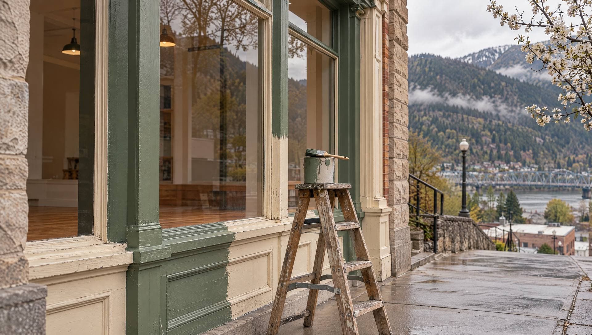 A heritage storefront halfway through a fresh coat of paint on its window trim, a stepladder and paint can on the sidewalk