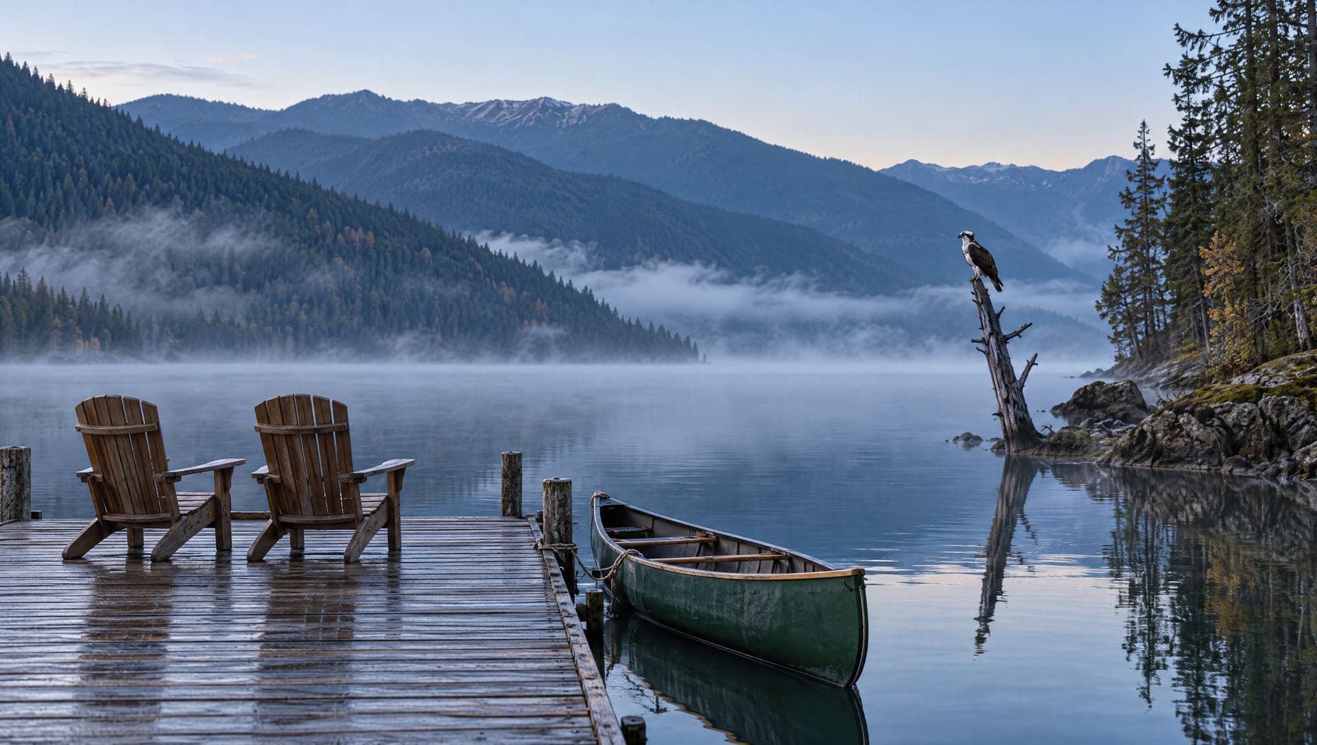 Two wooden chairs on a cedar dock at blue dawn on Kootenay Lake, a green canoe tied alongside and an osprey on a snag