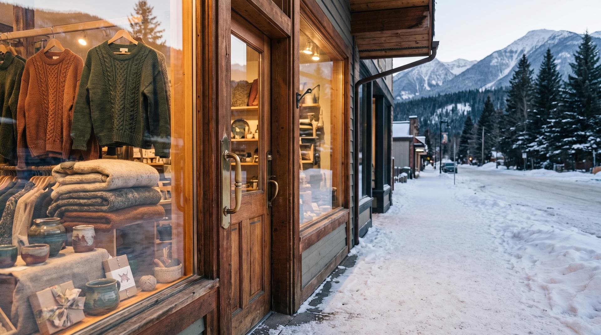 A small main street shop window lit warm at dusk with goods on display and snow on the sidewalk