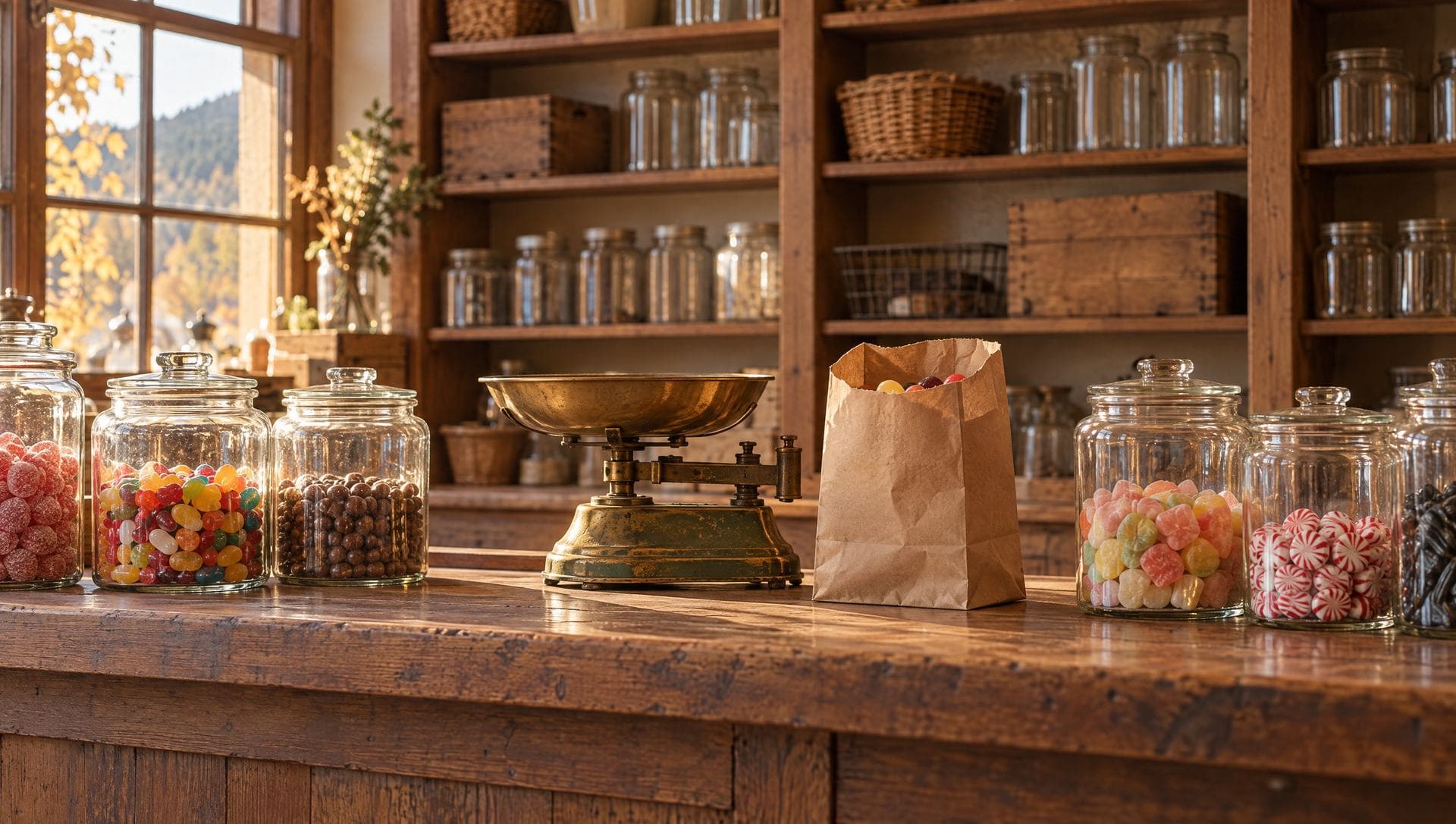 An old general store counter with glass jars of bulk candy, a brass scale and a paper bag half filled