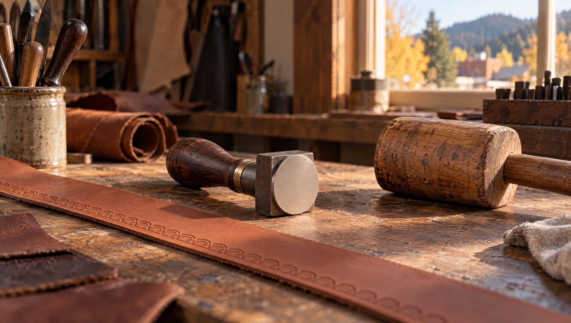 A leatherworker's bench with a blank maker's stamp, a strip of tooled leather and a wooden mallet
