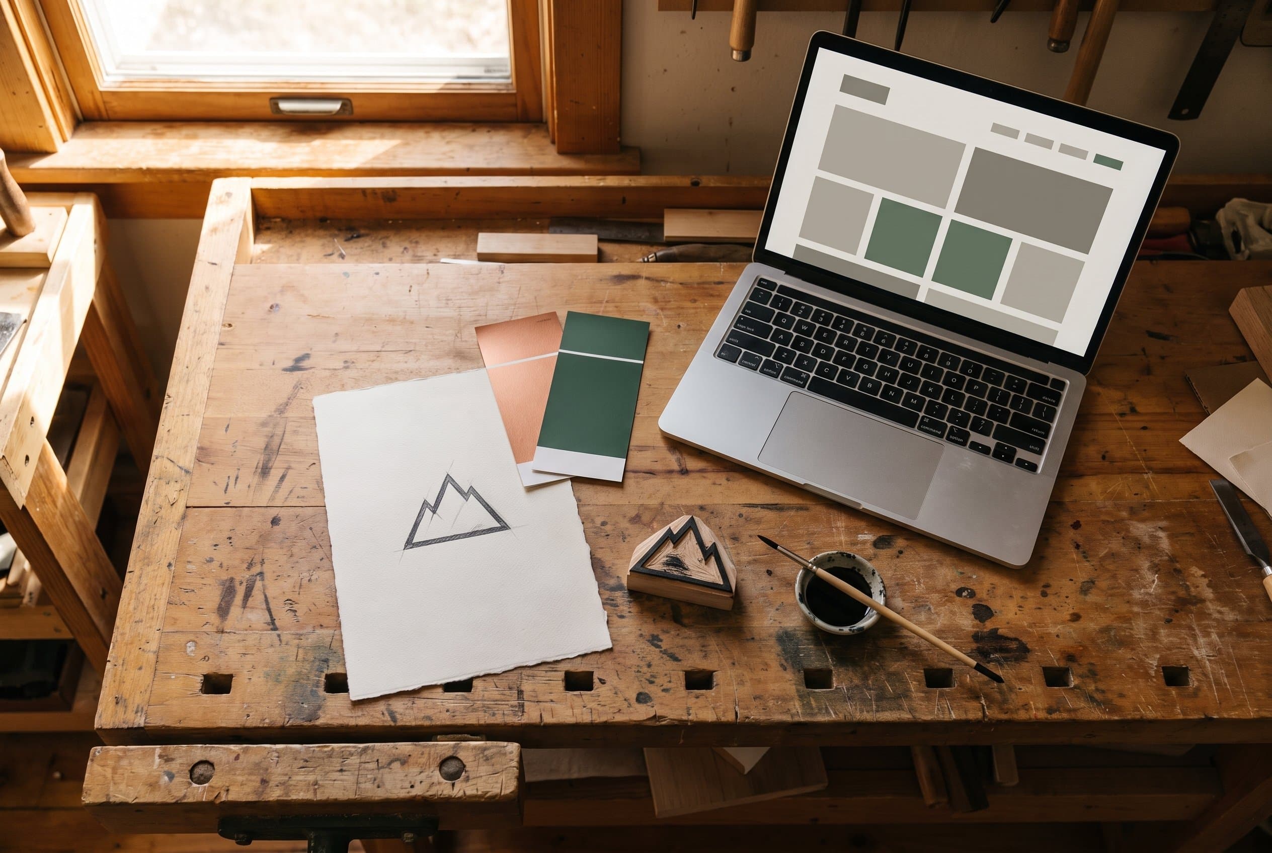 A small business logo, colour swatches, and a website layout laid side by side while an owner decides which to settle first