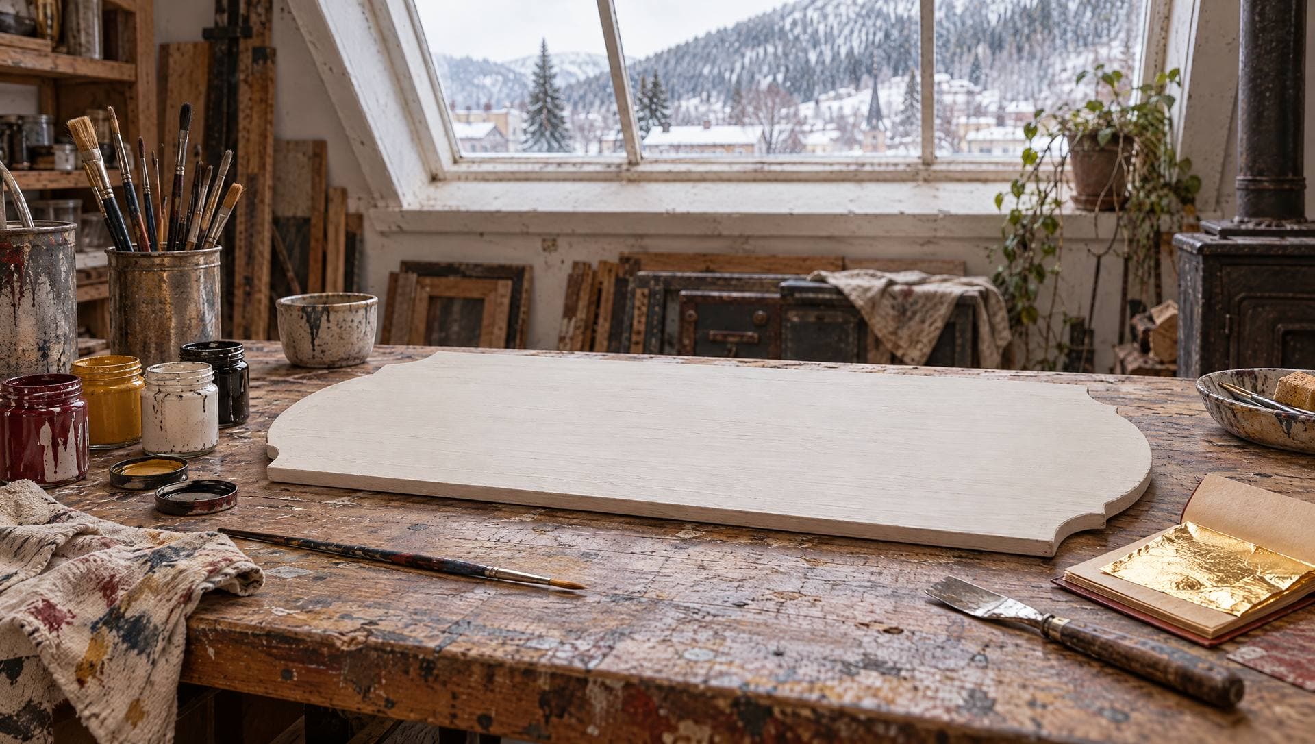 A sign painter’s worktable with a primed blank wooden sign board, jars of enamel paint, lettering brushes and a booklet of gold leaf