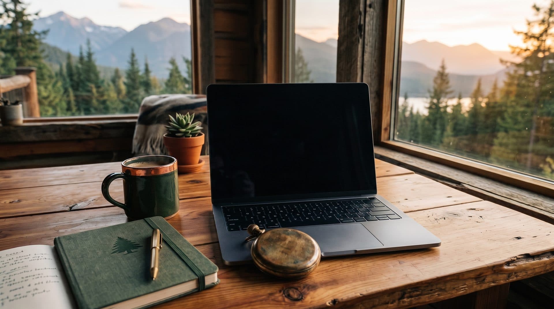 A stopwatch and a closed laptop on a cabin desk, standing in for the seconds a slow small-business website costs