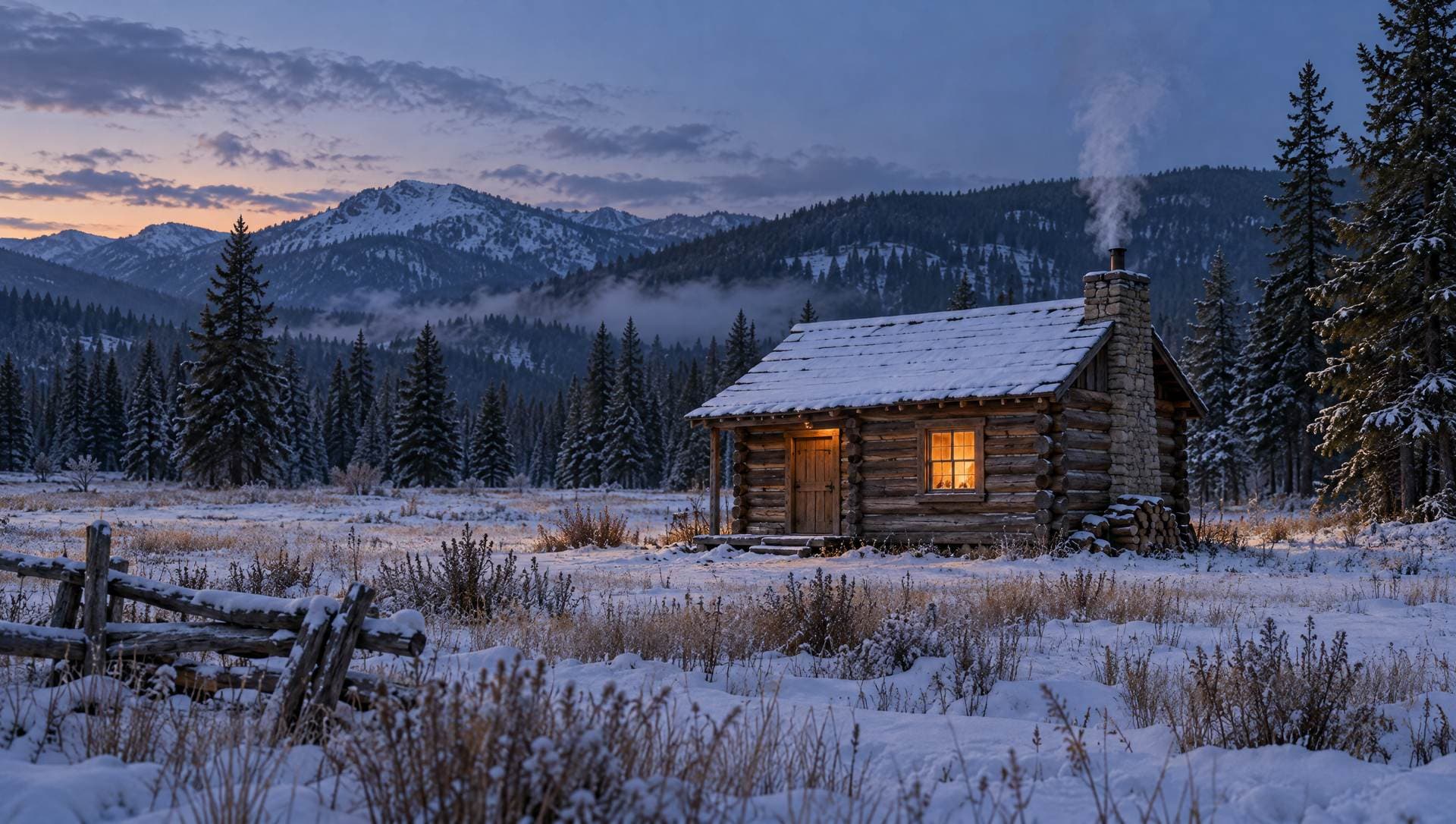 A one-room log cabin in a snowy mountain meadow at blue hour, smoke rising from the chimney