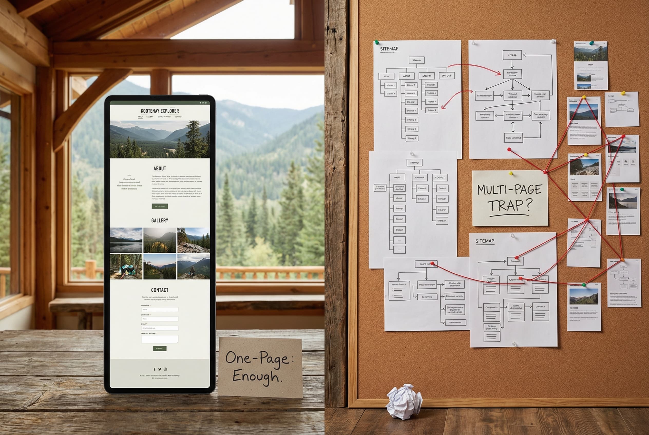 A single long-scroll website page weighed against a lean multi-page structure, illustrating when one page is enough and when it becomes a trap