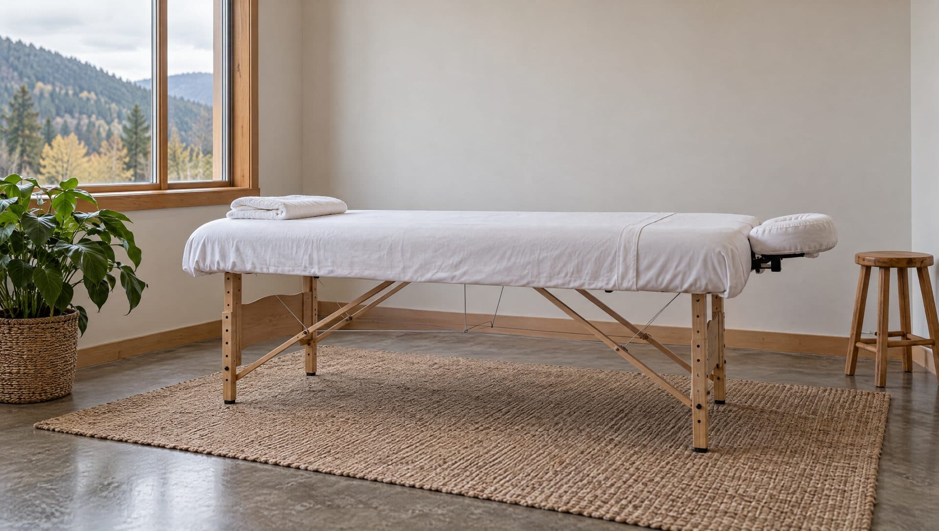A clinic treatment room made ready, a table with fresh white linen and a folded towel, a plant and a wooden stool