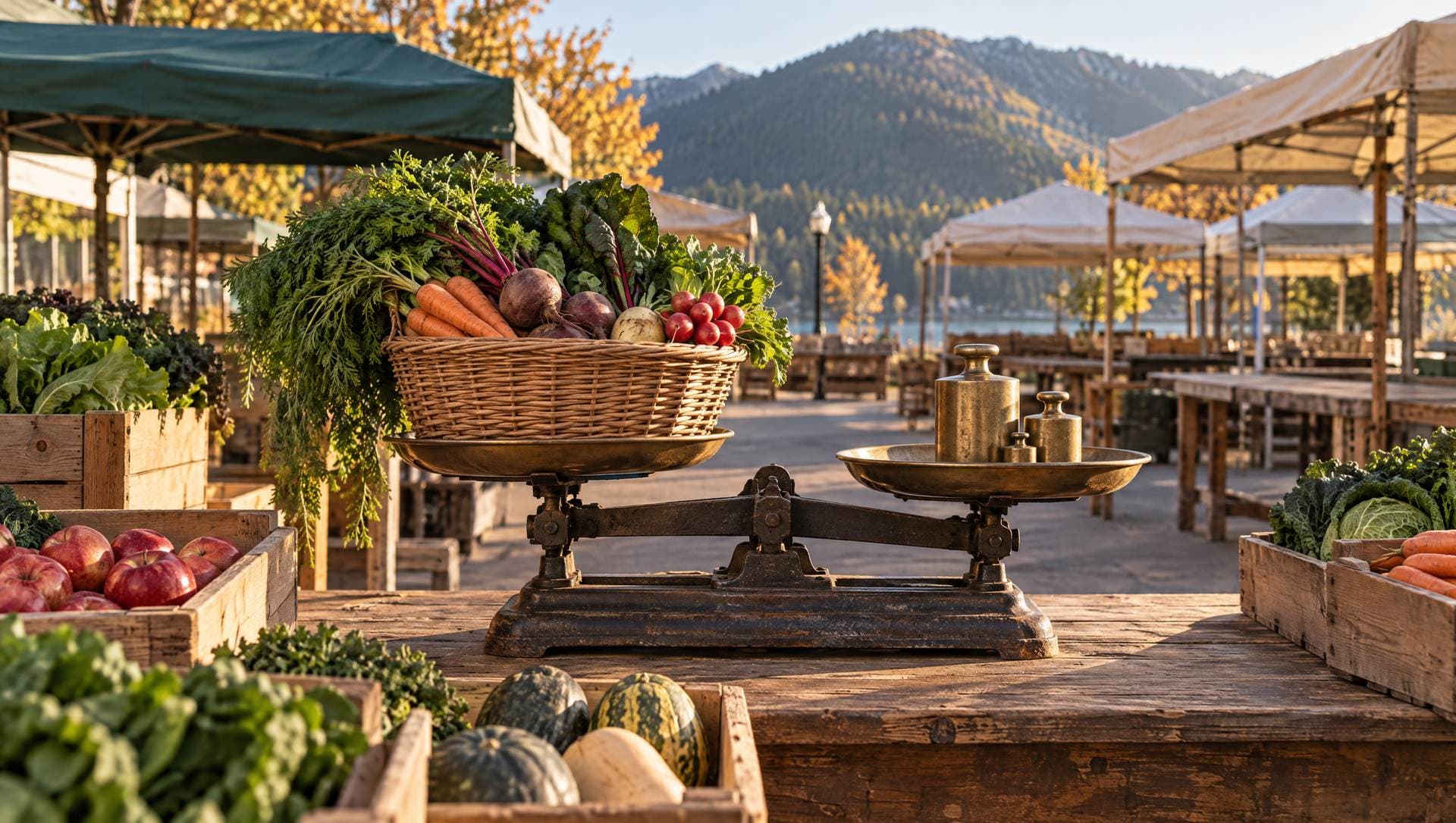 A balance scale weighing a basket of vegetables with brass weights at a farmers market stall before opening
