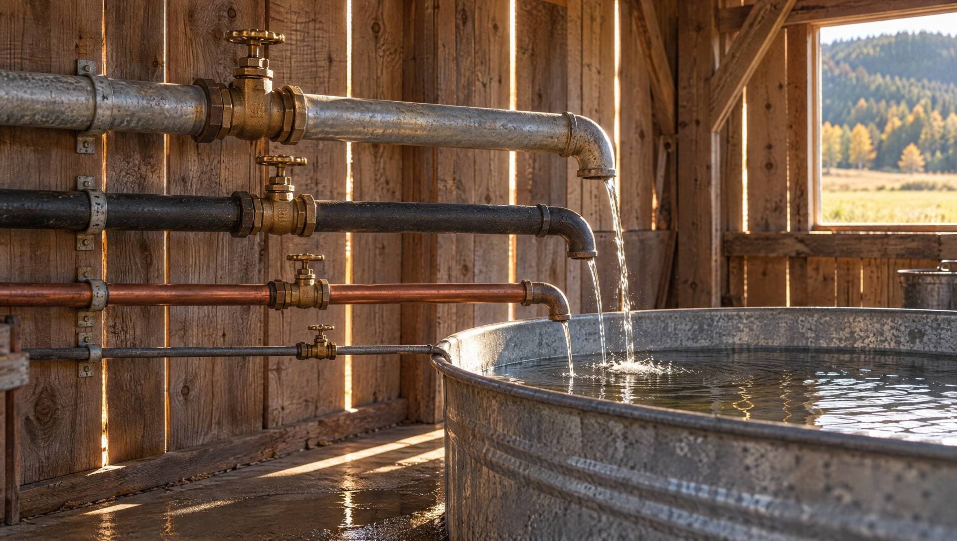 Four pipes of different sizes, each with a brass valve, running water into one galvanized tank inside a plank pump house