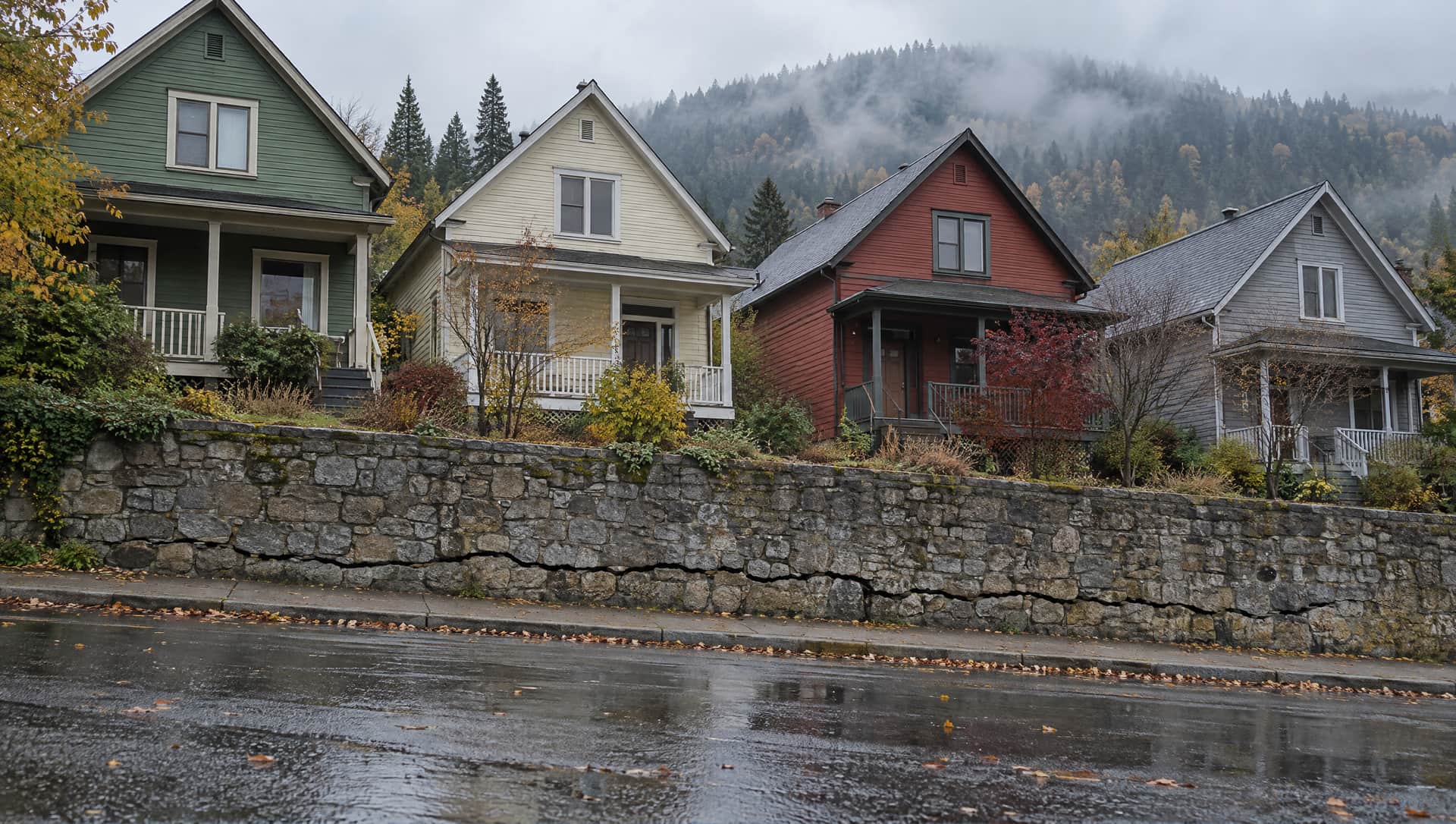 A row of painted wooden houses on a Kootenay hillside street, all sitting on one long stone retaining wall with a crack running along its base