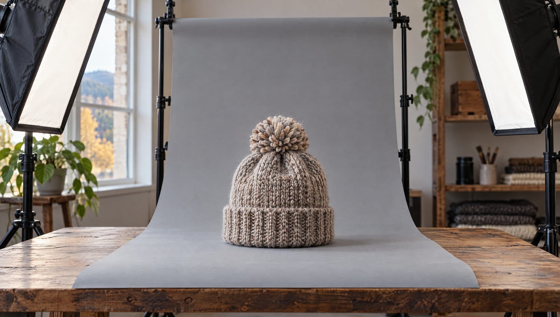 A hand-knit toque on a paper sweep between two softboxes in a small photo studio
