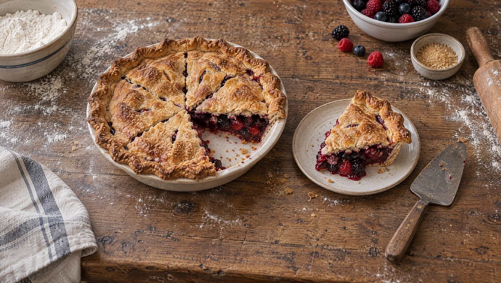 A fruit pie cut into portions on a floured wooden table, with one slice lifted out and set apart on its own plate