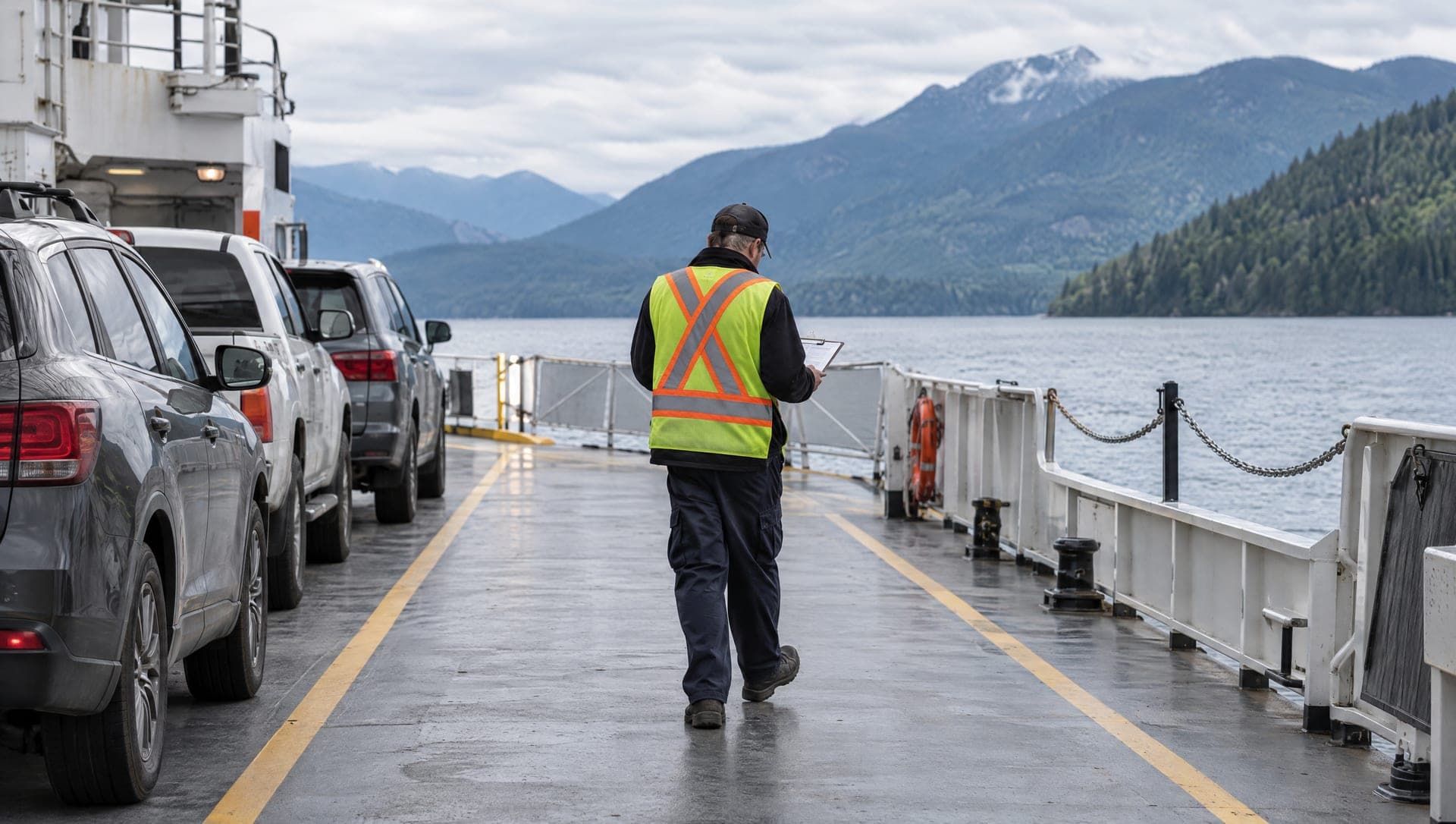 A ferry deckhand in a safety vest checking a clipboard beside parked cars on a Kootenay Lake crossing