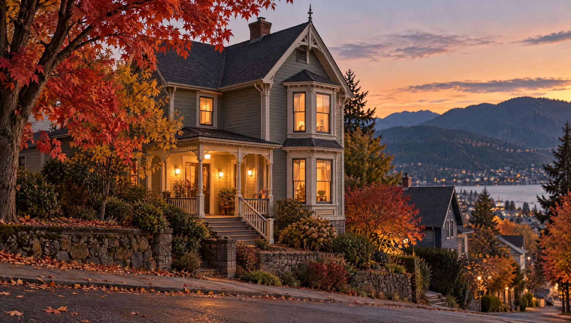A restored Victorian house on a steep Nelson street at dusk, porch lights on and autumn maples around it