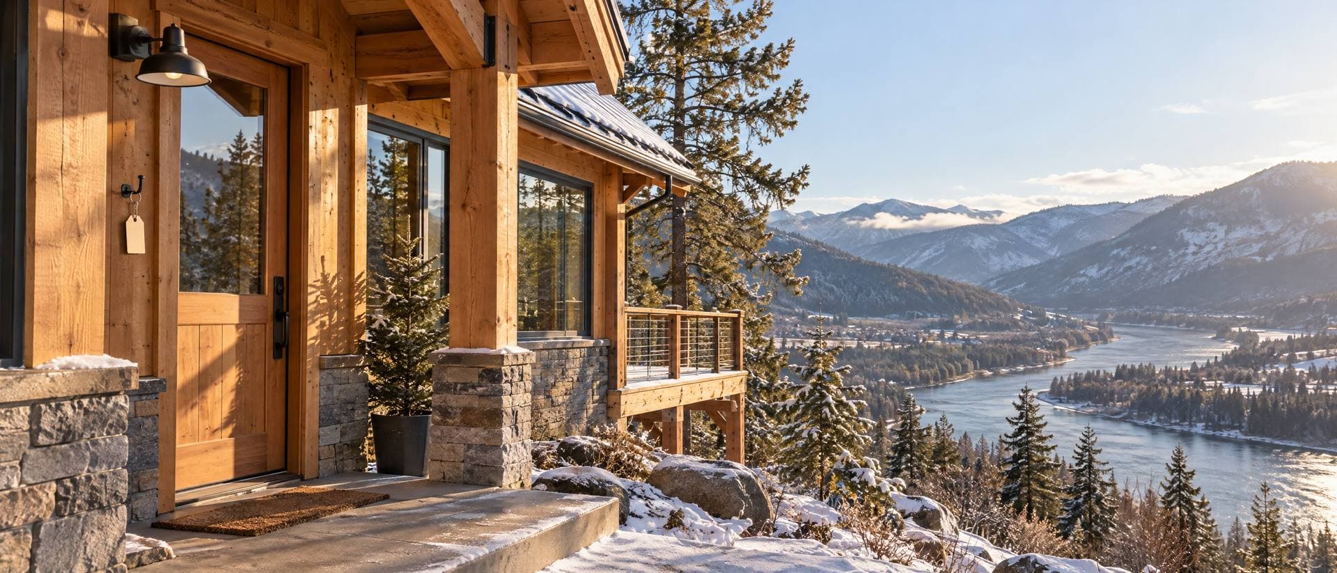 A new timber-frame cabin on a bench above the Columbia River on a clear winter morning