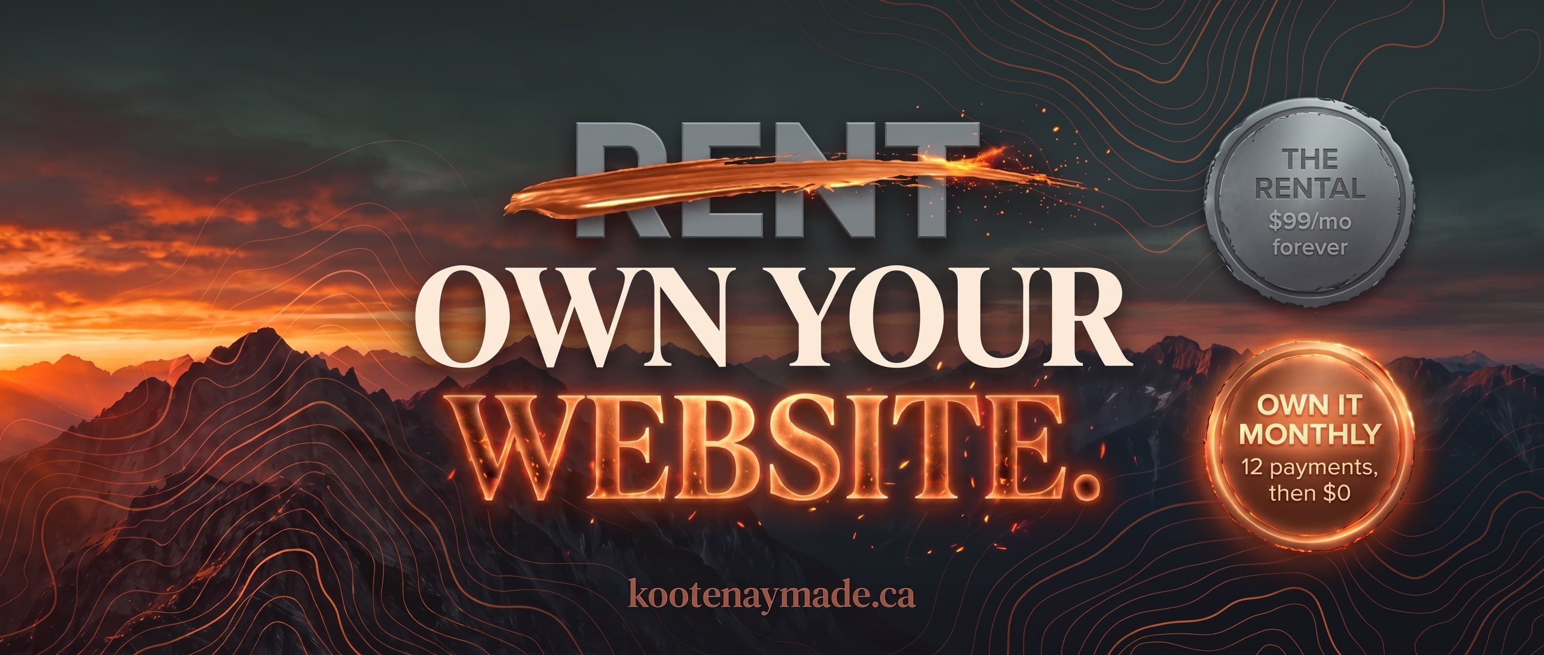 Bold banner over a fiery Kootenay sunrise ridge: the word Rent cancelled by a molten copper stroke above Own Your Website, with a dull grey medallion reading $99 a month forever beside a glowing copper Own It Monthly badge reading 12 payments, then $0