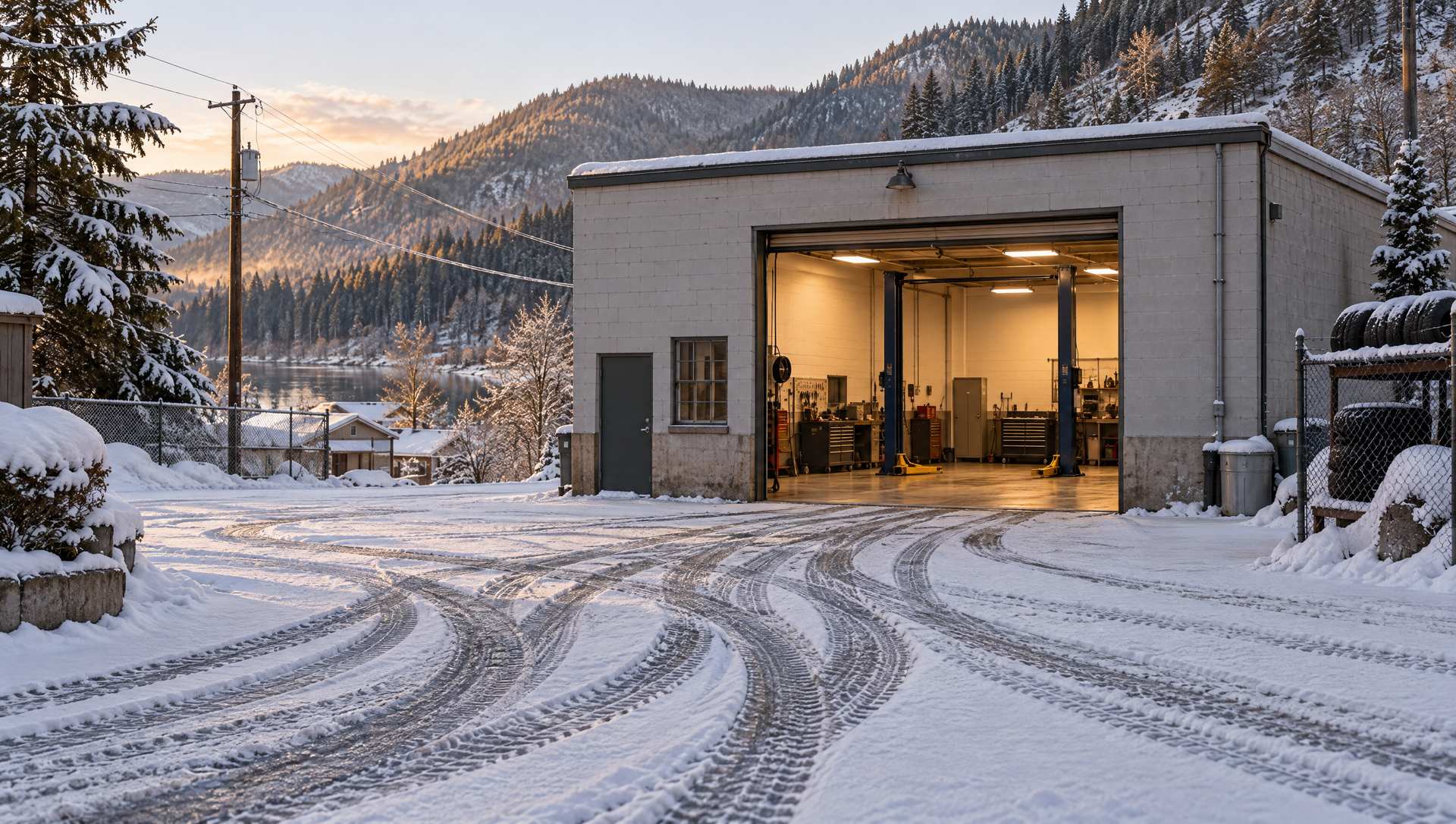 Tire tracks in fresh snow leading to the open bay of a small mechanic's garage in Trail
