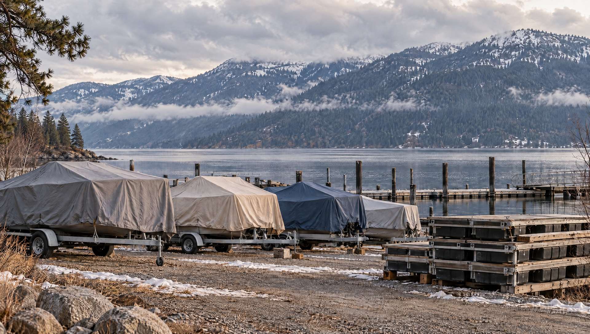 Boats under covers on trailers and stacked dock sections at a small marina on Kootenay Lake in early spring