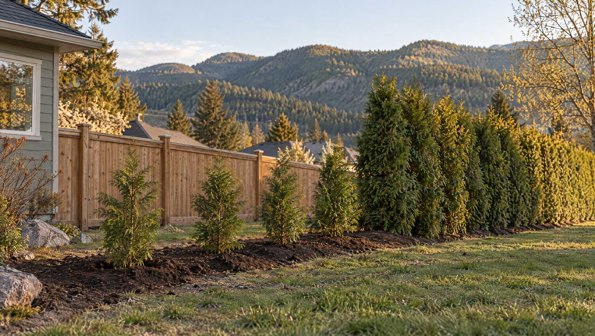 A row of newly planted cedar saplings continuing into a tall mature cedar hedge along a property line