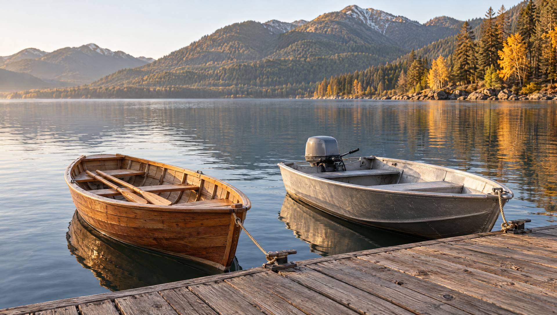 A wooden rowboat and a small aluminum motorboat tied at the same dock on a calm lake