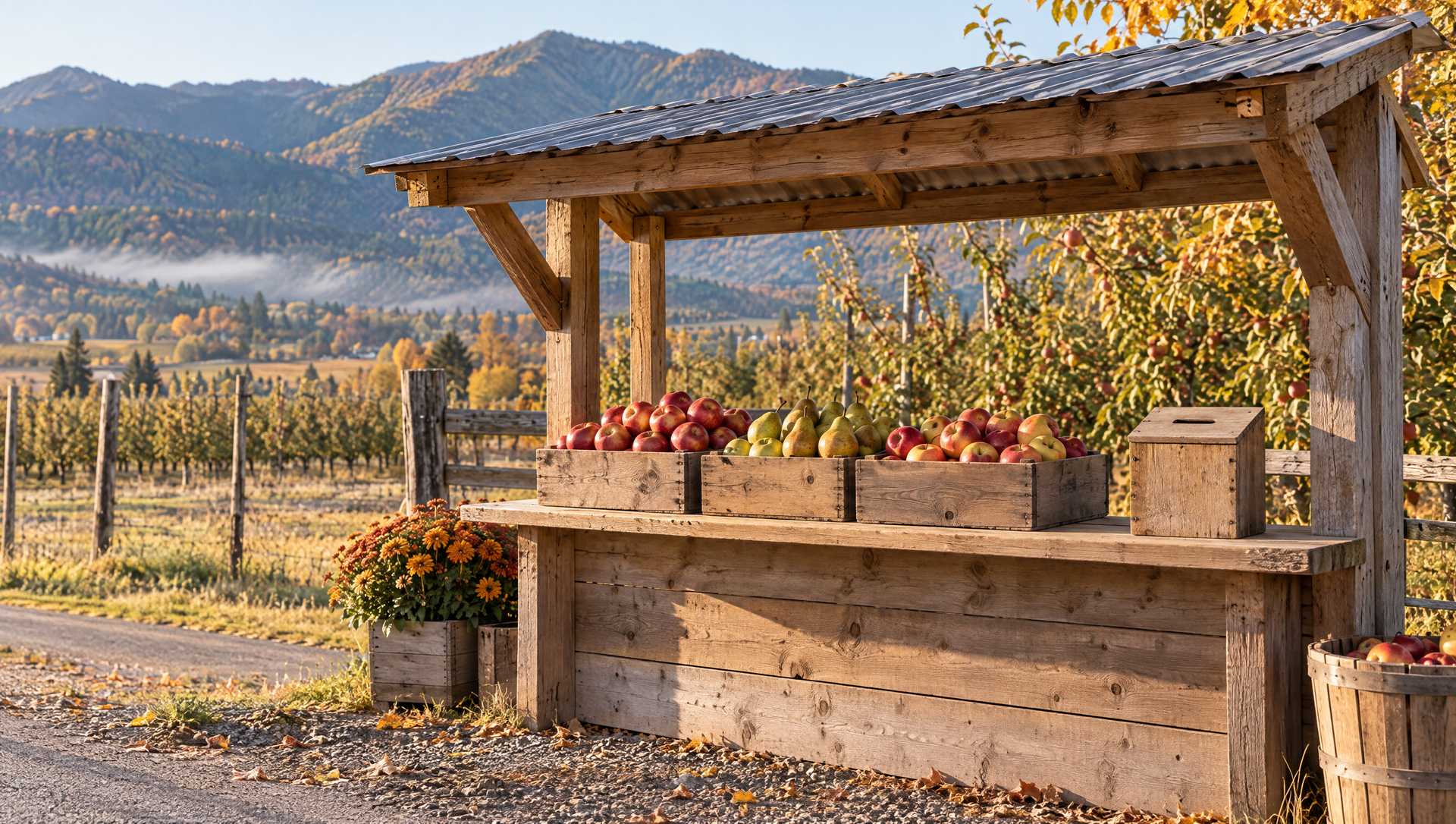 A roadside fruit stand in an orchard valley, wooden bins of apples and pears beside a small wooden honesty box