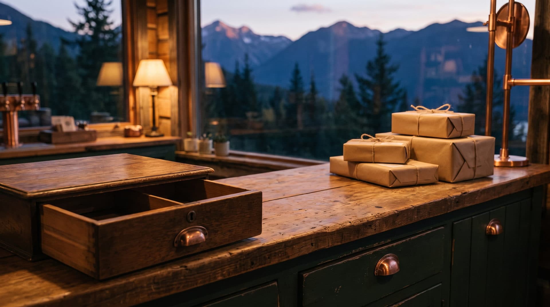 A shop counter at dusk with an open wooden cash drawer on one side and a stack of kraft parcels tied with twine on the other, Kootenay mountains through the window