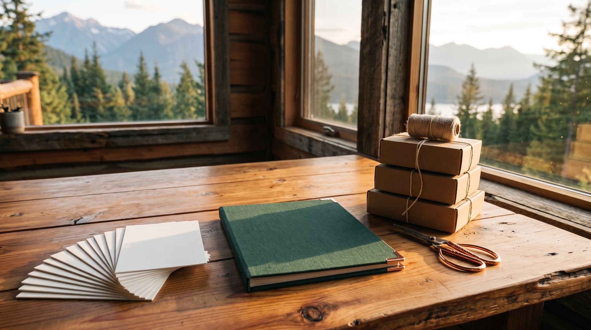 A maker's table by a cabin window with blank paper sample cards and a linen portfolio on one side and kraft shipping boxes with twine on the other