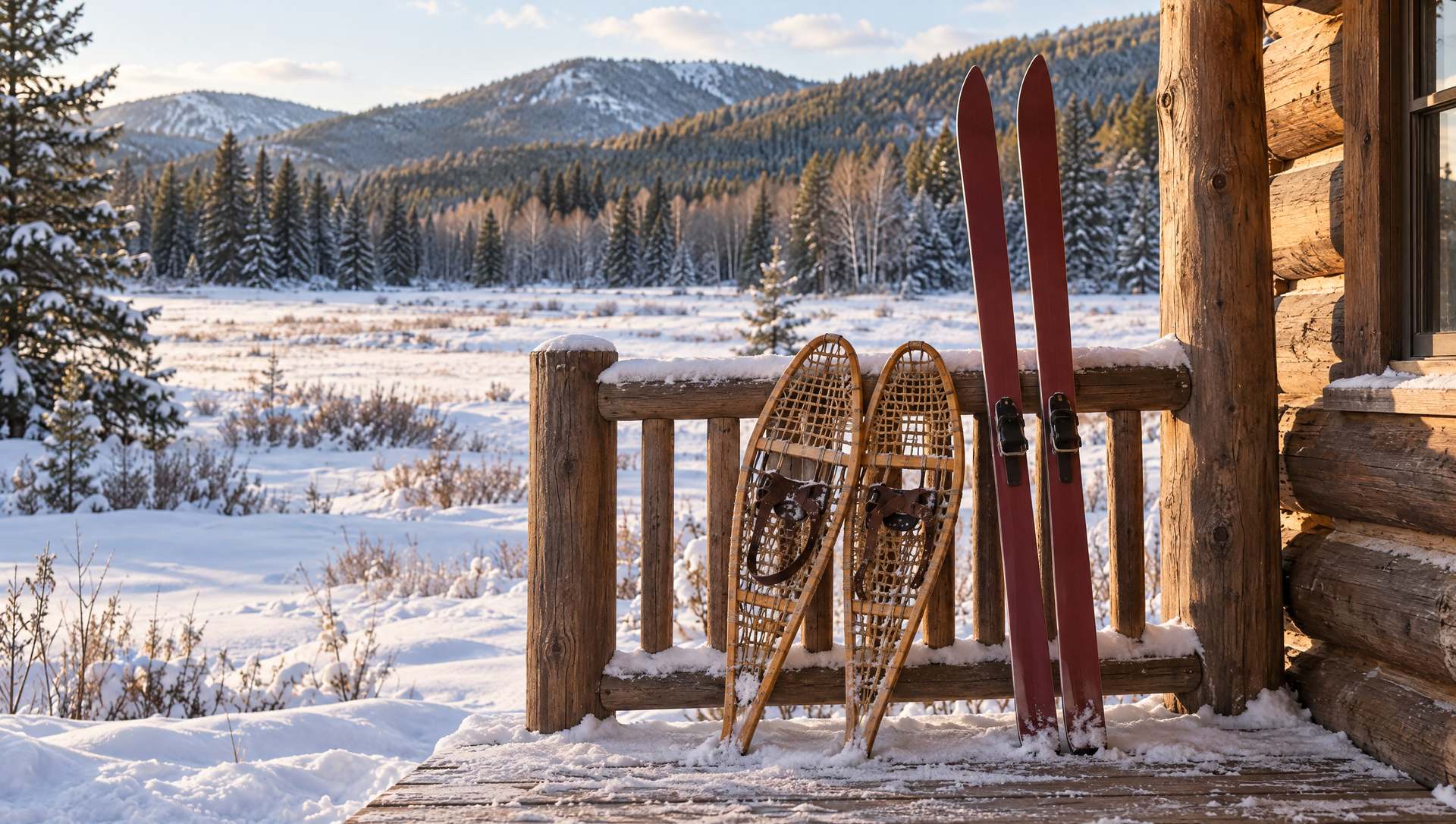 Snowshoes and cross-country skis leaning on a log cabin porch rail above a snowy meadow