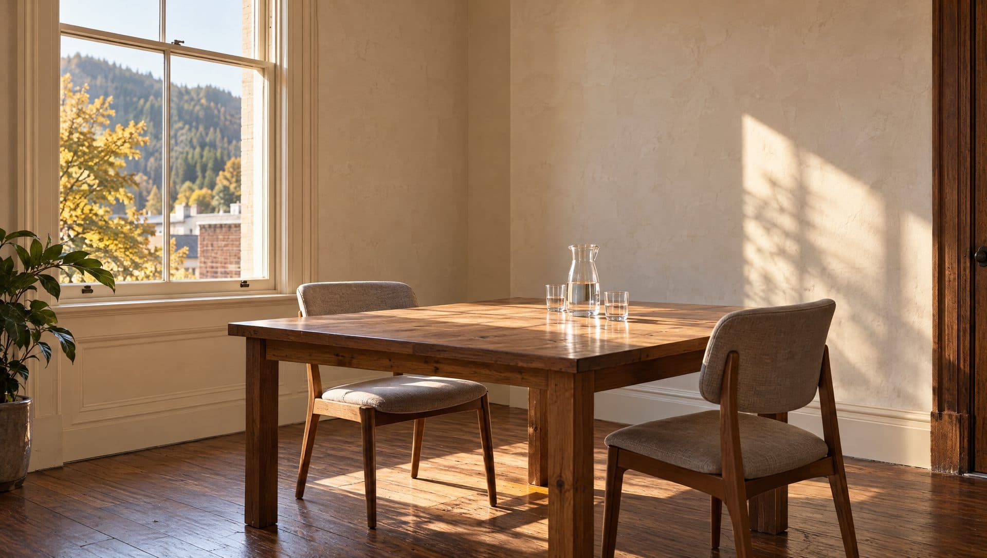 A calm meeting room with a wooden table, two chairs and a water pitcher by a tall window