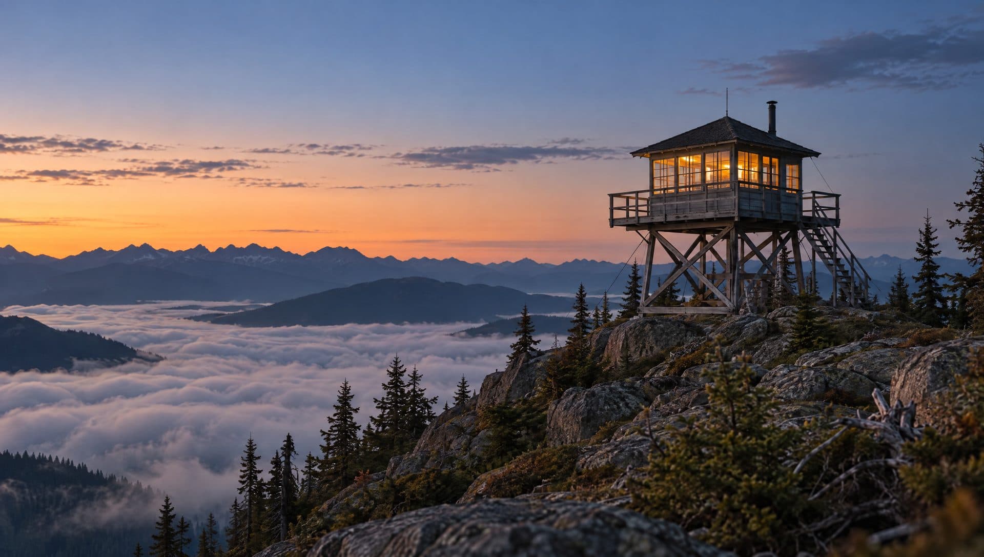 A lit fire lookout tower on a mountain ridge at dusk above a valley full of cloud
