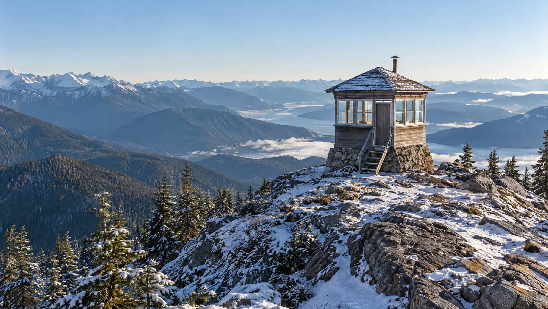 A small wooden fire lookout with one door and one set of steps on a snowy Selkirk ridge above the clouds