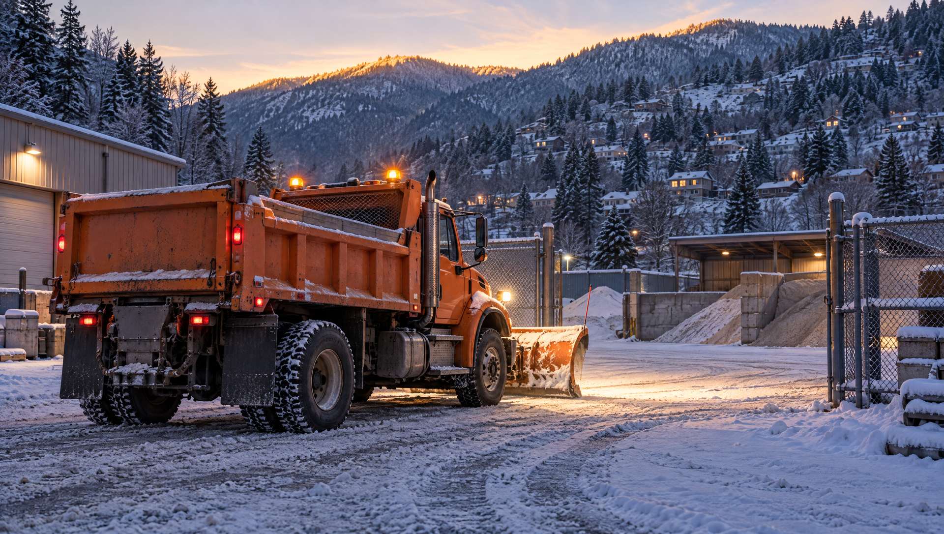 An orange snowplow truck with its lights on in a public works yard at dawn, snowy hillside houses behind