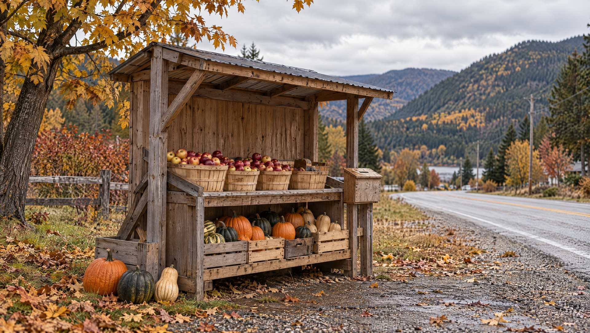 A roadside farm stand with baskets of apples and squash at the edge of a country road in fall