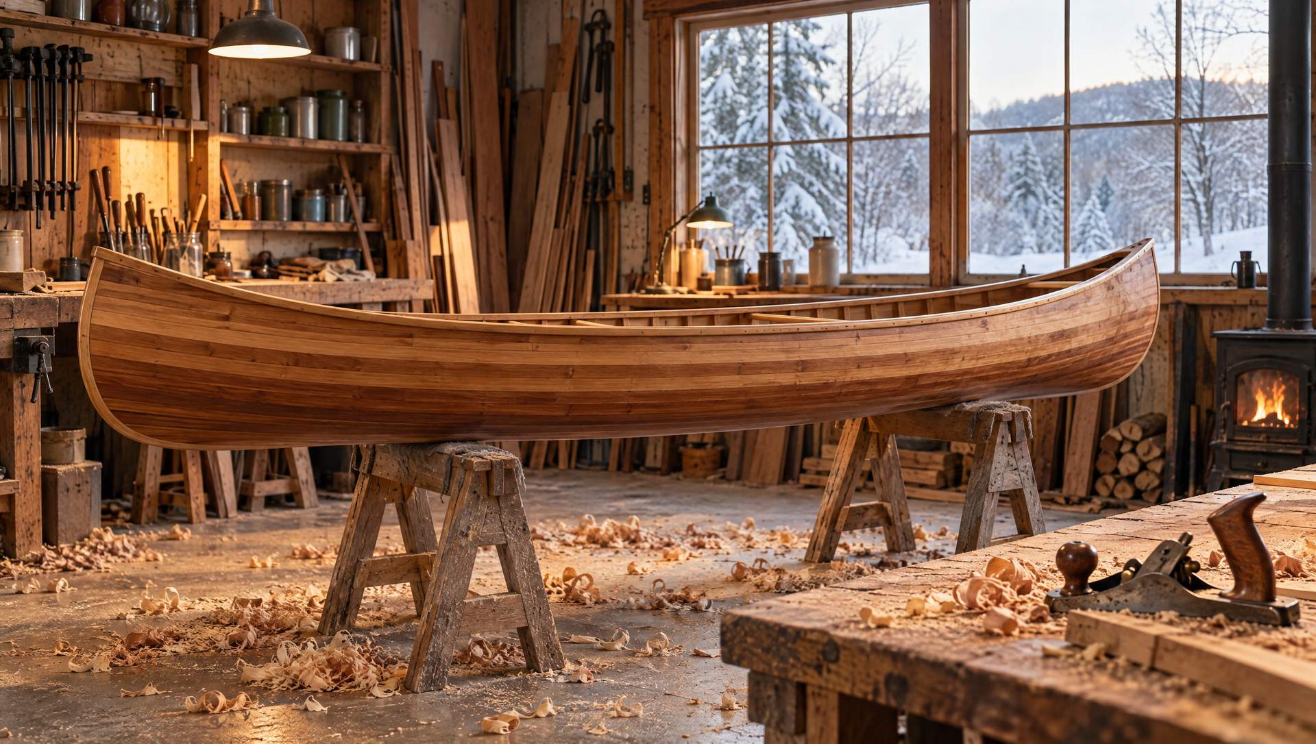 A hand-built cedar-strip canoe on sawhorses in a workshop, plane shavings curled on the floor