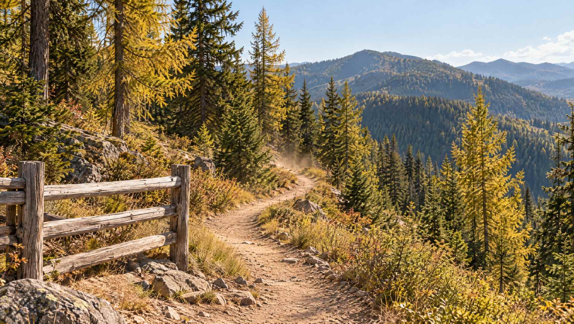 A dusty singletrack trail winding through larch and fir past a split-rail fence above Rossland in summer