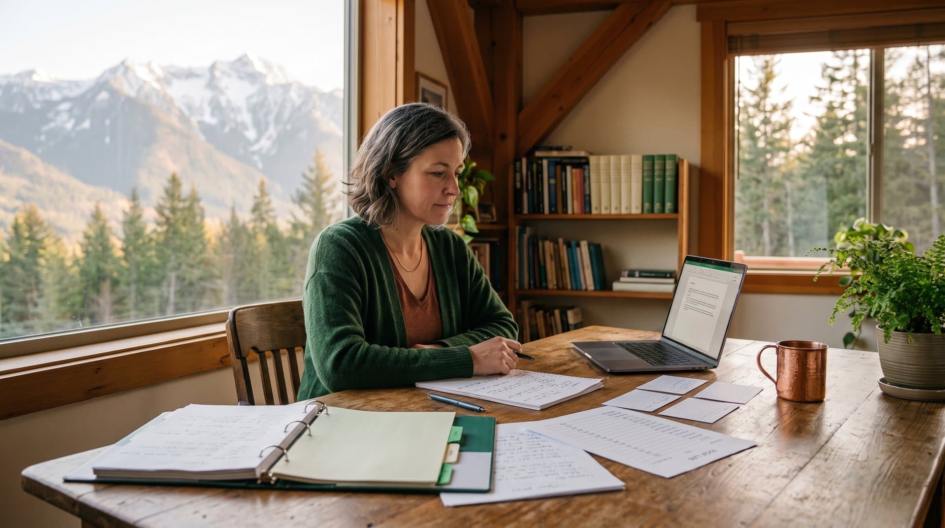 A small business owner's written notes on prices, process and common questions, gathered into one document beside a laptop running an AI assistant