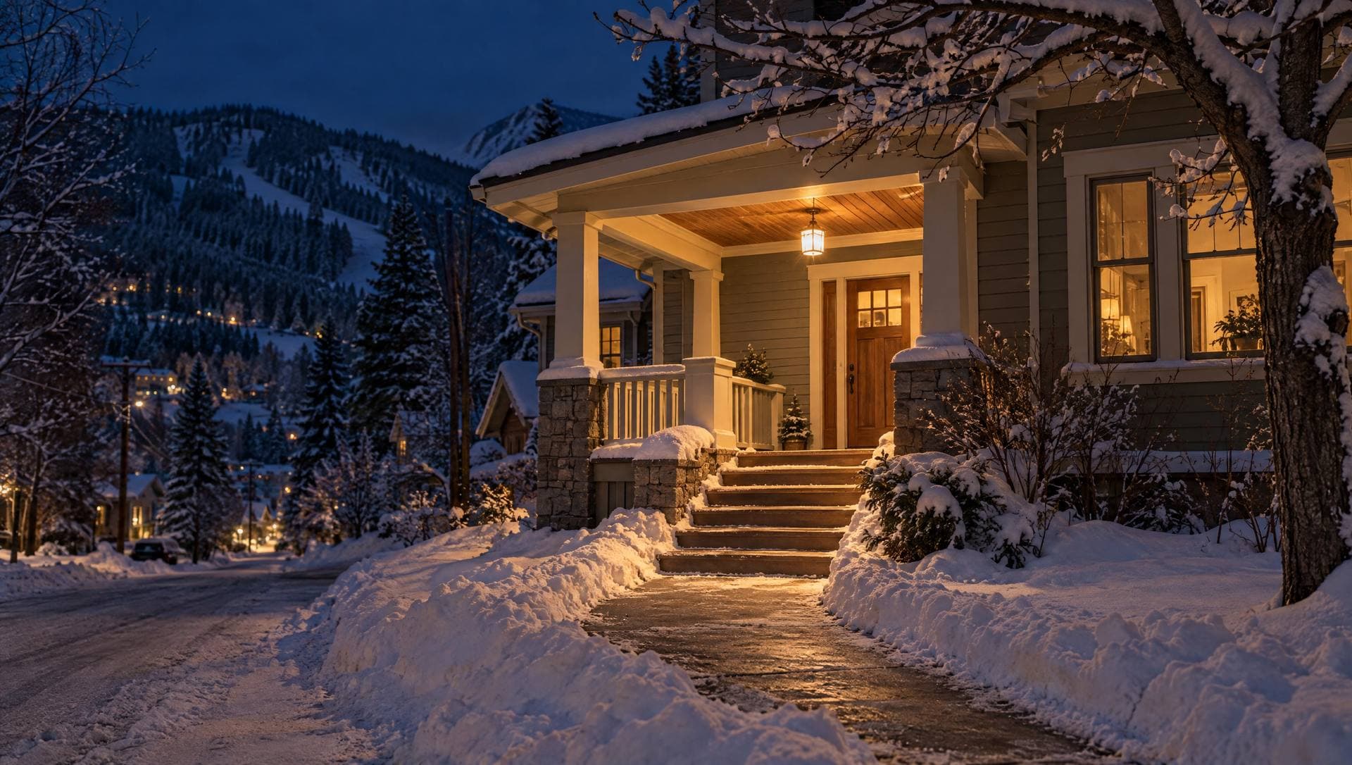 A porch light on at a house on a snowy Rossland street at night, warm light on the shovelled steps