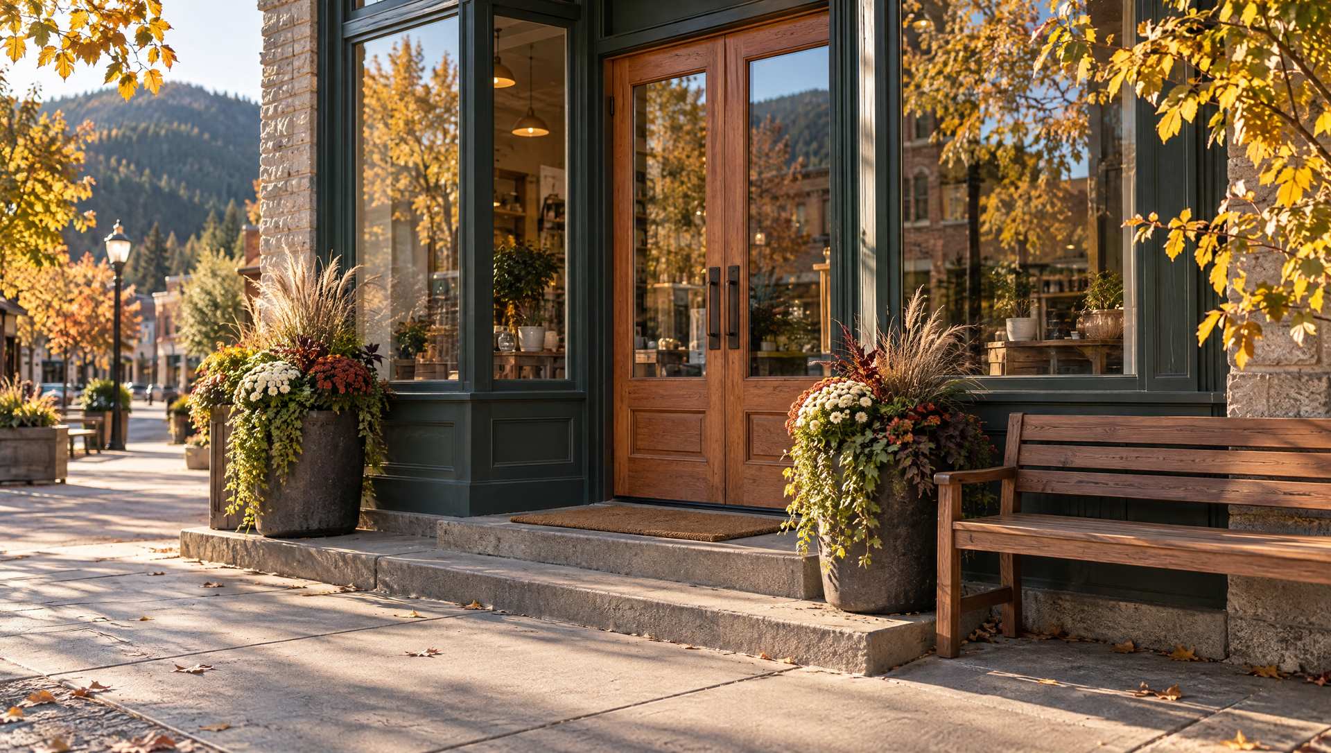 A tidy storefront entrance with swept steps, a doormat, flower planters and a bench in morning sun