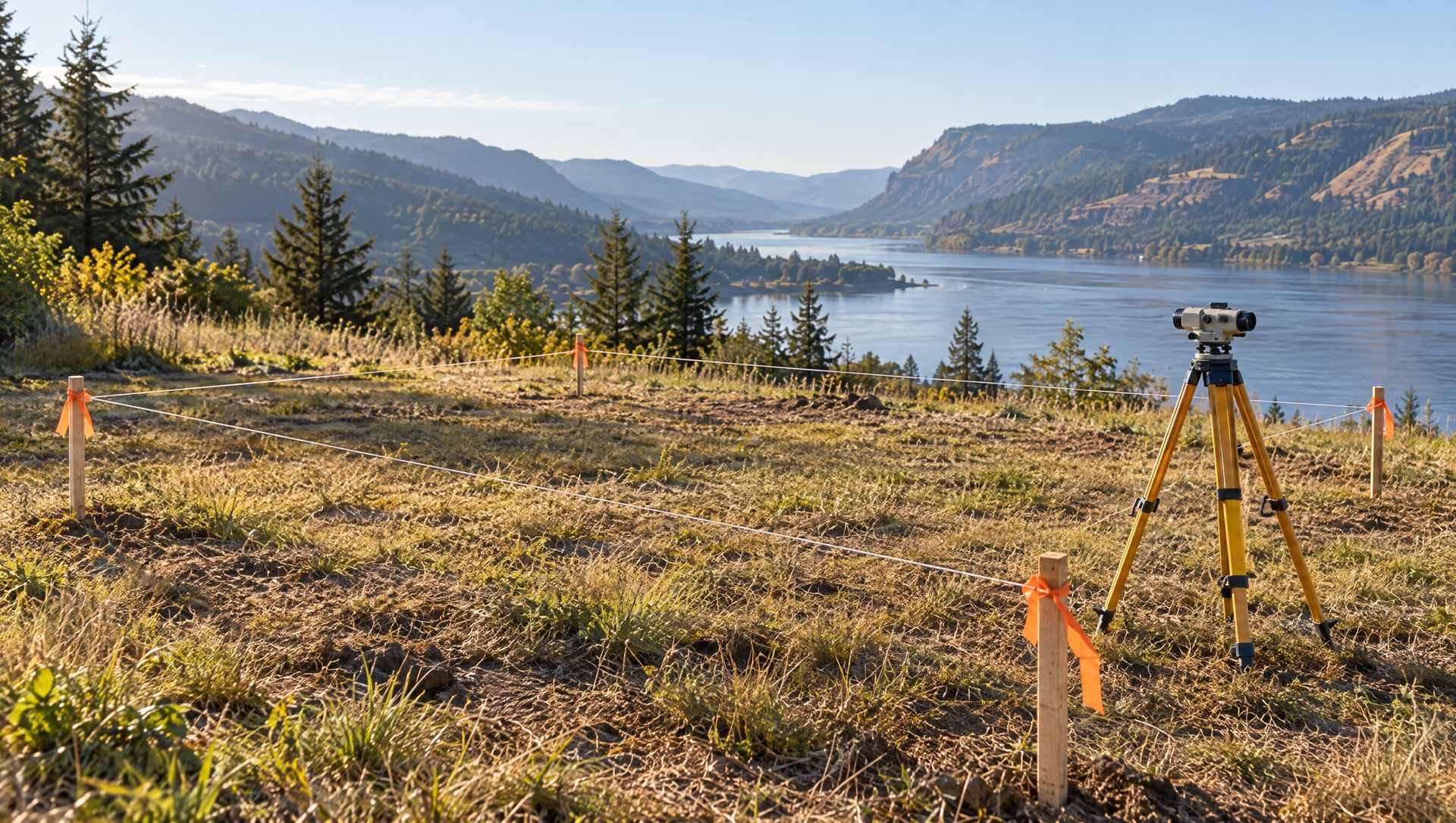 Survey stakes with orange flagging tape and string lines marking out an empty lot above the Columbia River, a surveyor’s level on a tripod