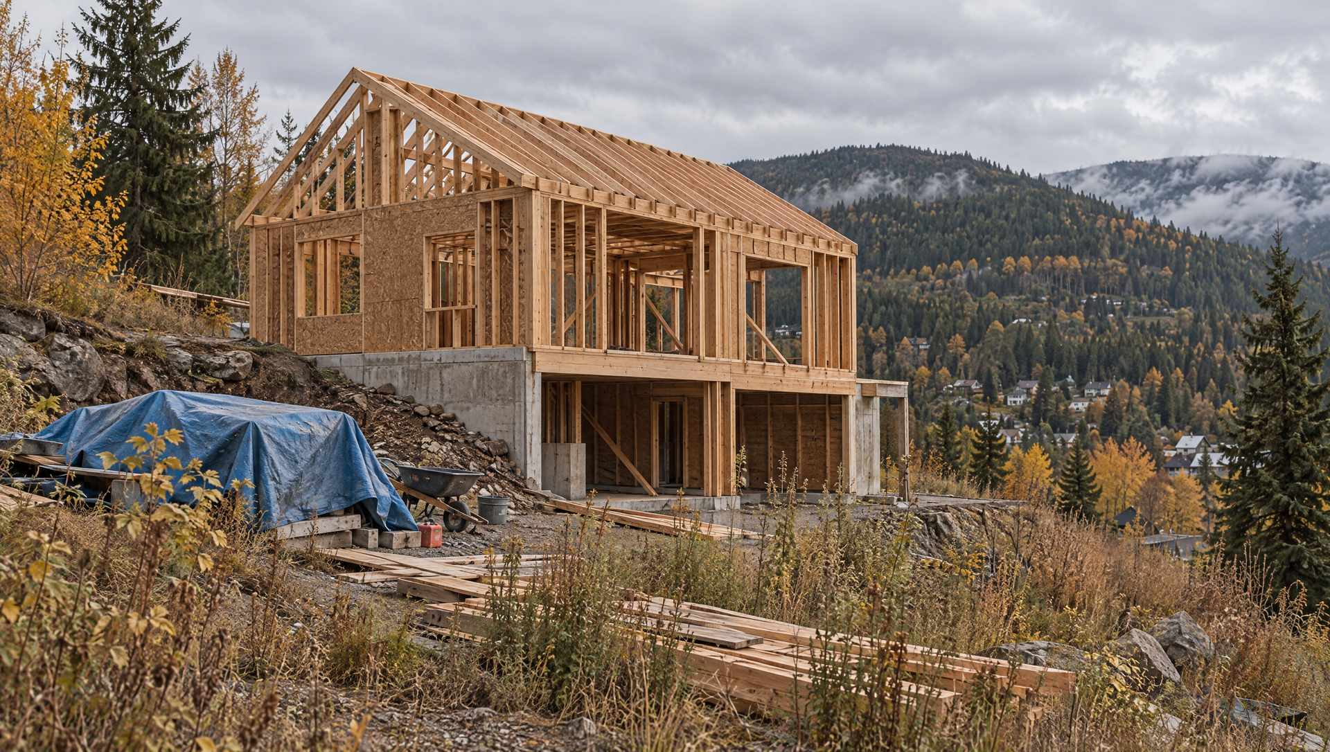 A timber house frame left half built on a hillside lot above a Kootenay town, tools under a faded tarp and weeds through the lumber pile