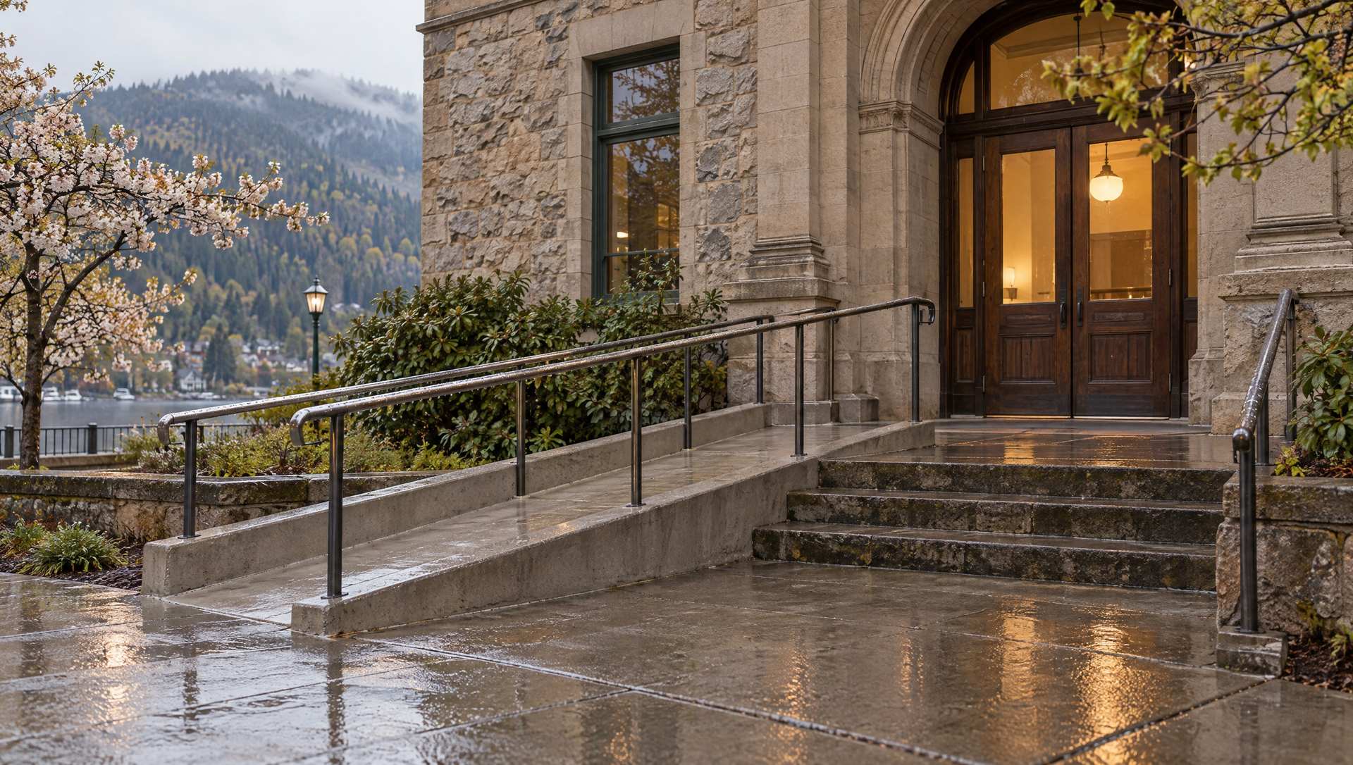 A heritage building entrance with a new gentle ramp and handrail beside the old stone steps, wet with spring rain