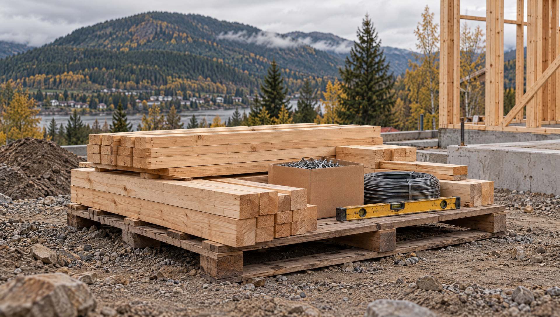 A pallet of lumber, a box of fasteners, a coil of wire and a level at a house site with the frame going up behind