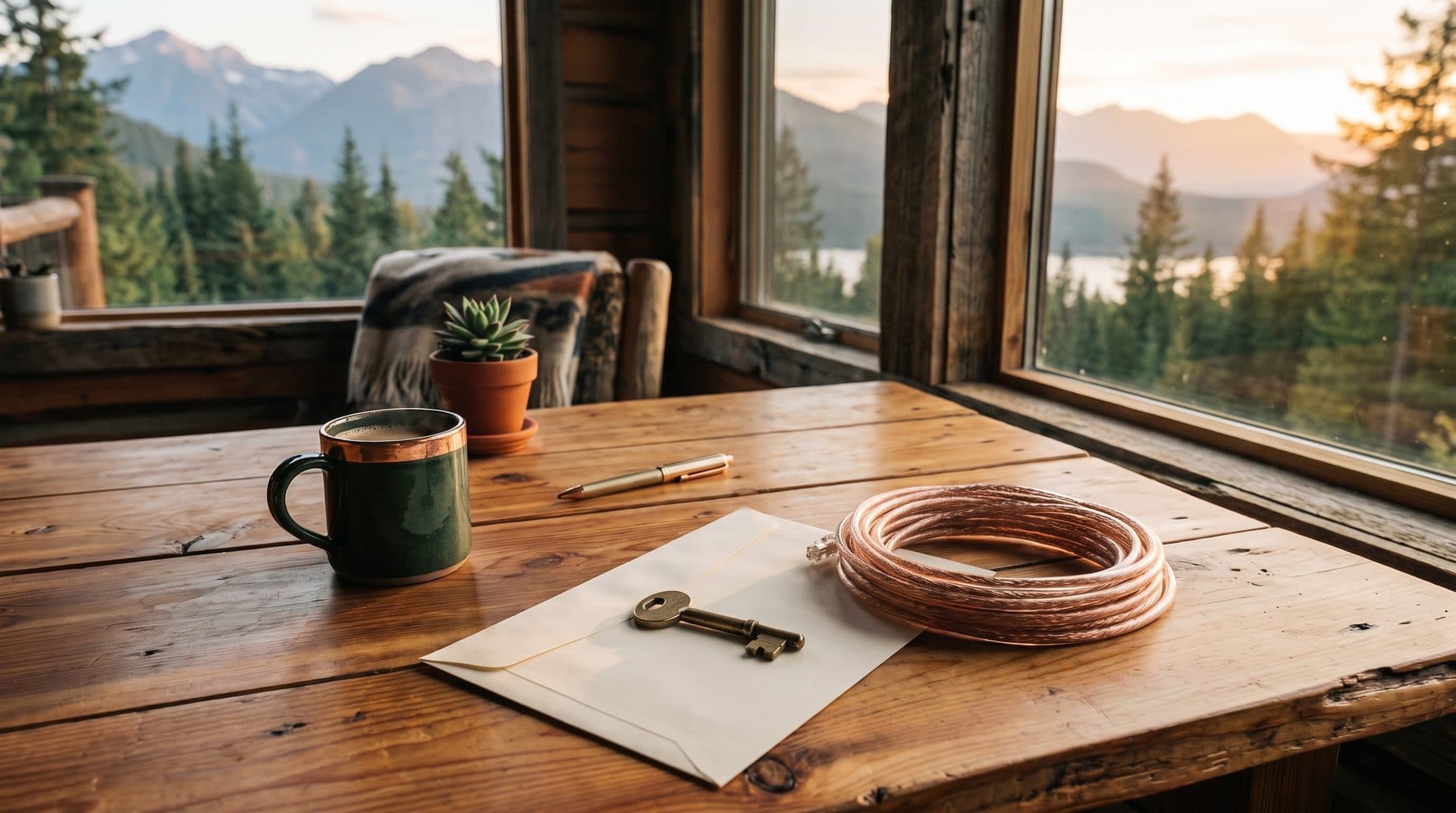 A brass key resting on a plain envelope beside a coiled network cable on a cabin desk, standing in for domain ownership and a website that has gone dark