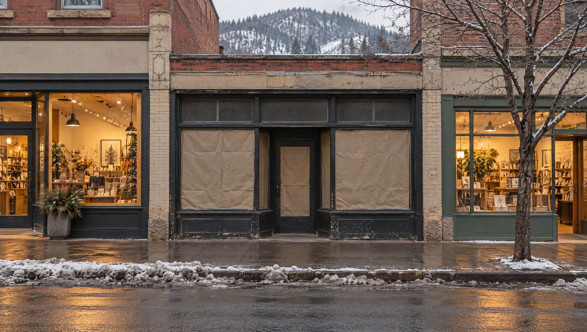 A dark shop with papered-over windows between two lit, open shops on a heritage brick street on a grey winter day