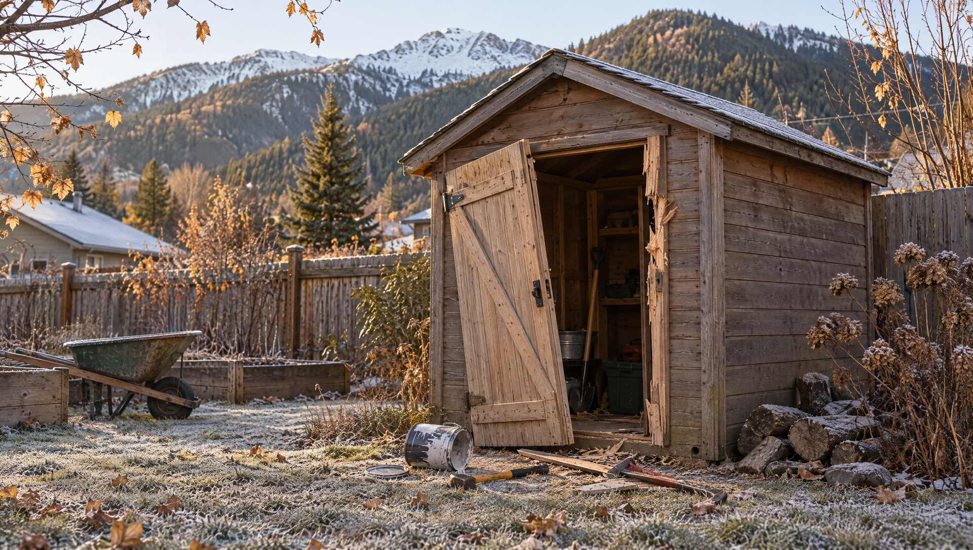 A backyard shed with its door pried open and hanging off one hinge, tools knocked onto the frosty ground